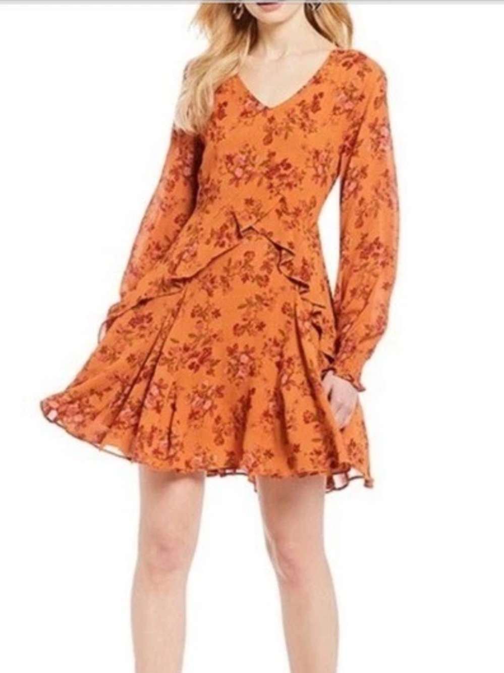 A Loves A Seinna Orange Floral Boho Mini Dress Long Sleeve Size Medium